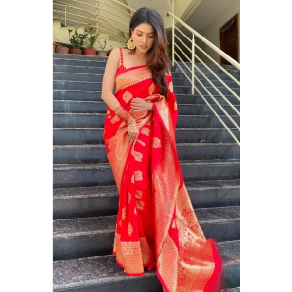 Generic Women's Silk Printed Saree With Unstitched Blouse 5.5Mtr (Red) - Red