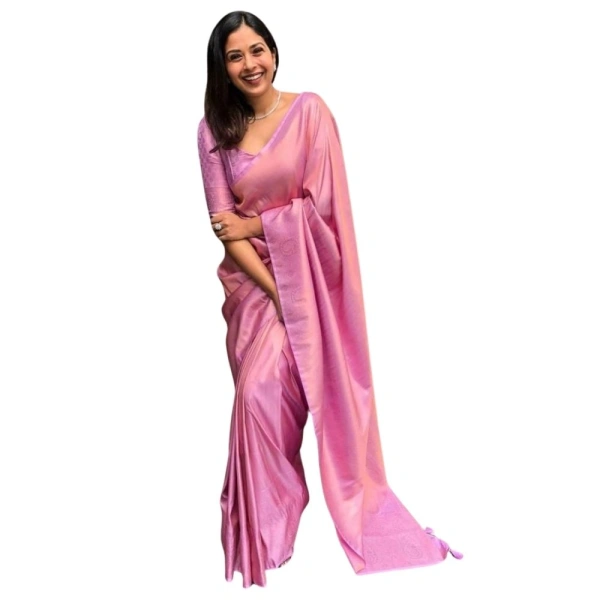 Generic Women's Silk Printed Saree With Unstitched Blouse 5.5Mtr (Pink) - Pink