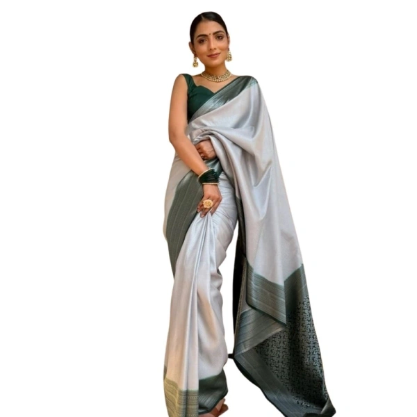 Generic Women's Silk Printed Saree With Unstitched Blouse 5.5Mtr (Grey) - Grey