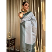Generic Women's Silk Printed Saree With Unstitched Blouse 5.5Mtr (Grey) - Grey