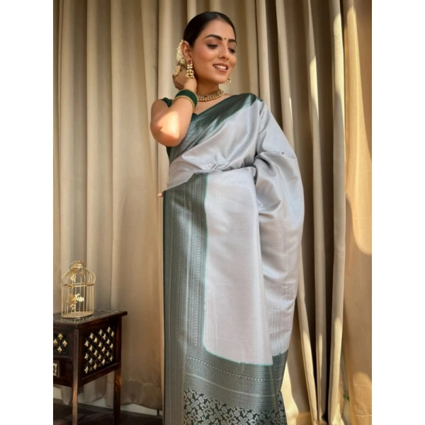Generic Women's Silk Printed Saree With Unstitched Blouse 5.5Mtr (Grey) - Grey