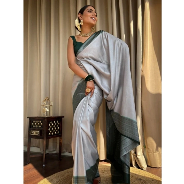 Generic Women's Silk Printed Saree With Unstitched Blouse 5.5Mtr (Grey) - Grey