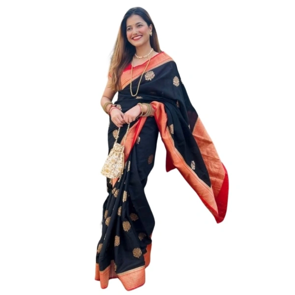 Generic Women's Silk Printed Saree With Unstitched Blouse 5.5Mtr (Black-Red) - Black-Red