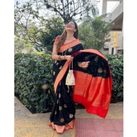 Generic Women's Silk Printed Saree With Unstitched Blouse 5.5Mtr (Black-Red) - Black-Red
