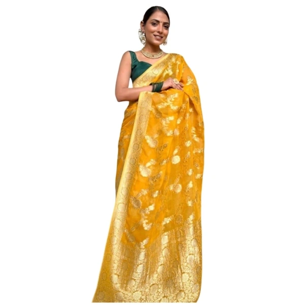 Generic Women's Silk Printed Saree With Unstitched Blouse 5.5Mtr (Gold Yellow) - Gold Yellow