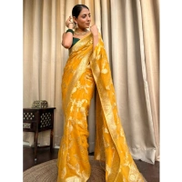 Generic Women's Silk Printed Saree With Unstitched Blouse 5.5Mtr (Gold Yellow) - Gold Yellow