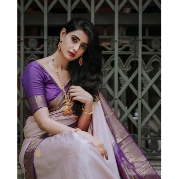Generic Women's Silk Printed Saree With Unstitched Blouse 5.5Mtr (Purple) - Purple