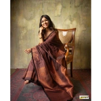 Generic Women's Silk Printed Saree With Unstitched Blouse 5.5Mtr (Coffee) - Coffee