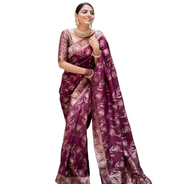 Generic Women's Silk Printed Saree With Unstitched Blouse 5.5Mtr (Wine) - Wine