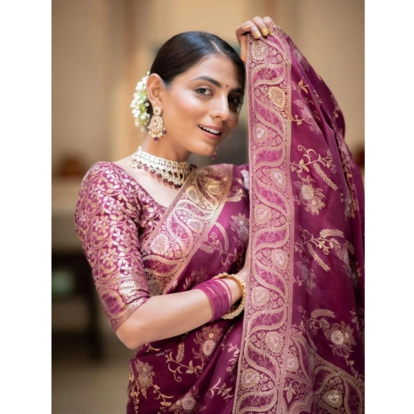 Generic Women's Silk Printed Saree With Unstitched Blouse 5.5Mtr (Wine) - Wine