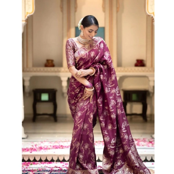 Generic Women's Silk Printed Saree With Unstitched Blouse 5.5Mtr (Wine) - Wine