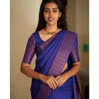 Generic Women's Silk Printed Saree With Unstitched Blouse 5.5Mtr (Blue) - Blue