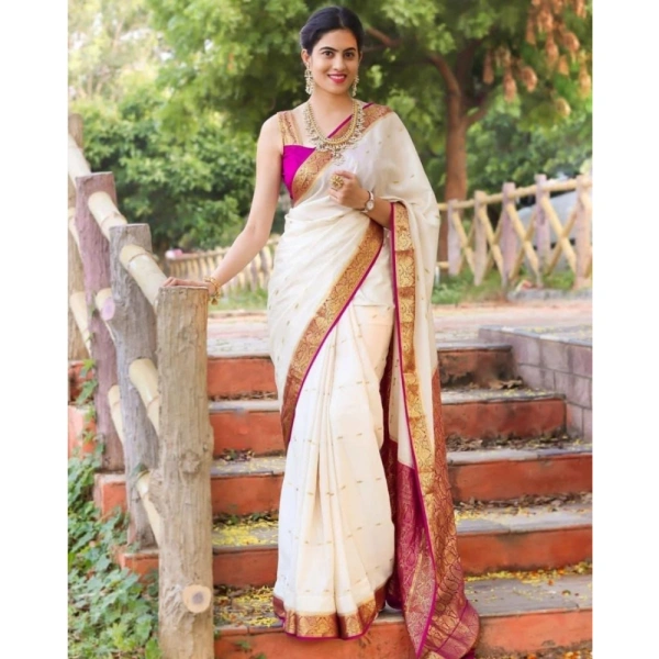 Generic Women's Silk Printed Saree With Unstitched Blouse 5.5Mtr (White) - White