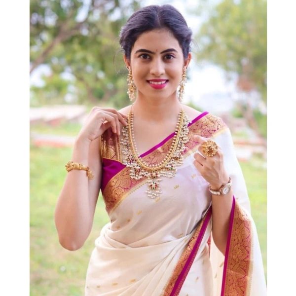 Generic Women's Silk Printed Saree With Unstitched Blouse 5.5Mtr (White) - White