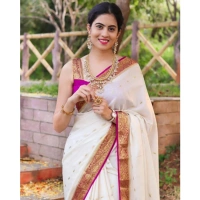 Generic Women's Silk Printed Saree With Unstitched Blouse 5.5Mtr (White) - White