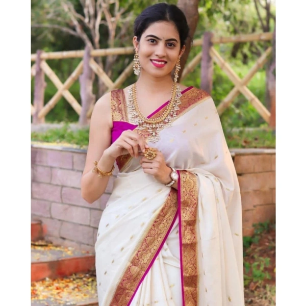 Generic Women's Silk Printed Saree With Unstitched Blouse 5.5Mtr (White) - White