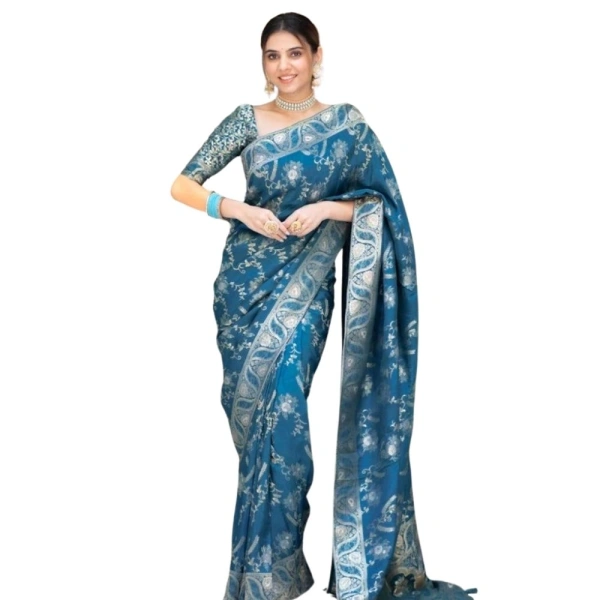 Generic Women's Silk Printed Saree With Unstitched Blouse 5.5Mtr (Teal Blue) - Teal Blue
