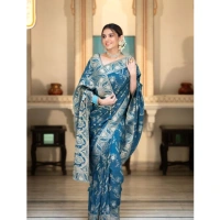 Generic Women's Silk Printed Saree With Unstitched Blouse 5.5Mtr (Teal Blue) - Teal Blue