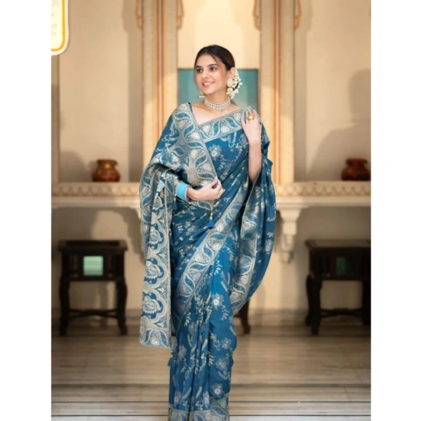 Generic Women's Silk Printed Saree With Unstitched Blouse 5.5Mtr (Teal Blue) - Teal Blue