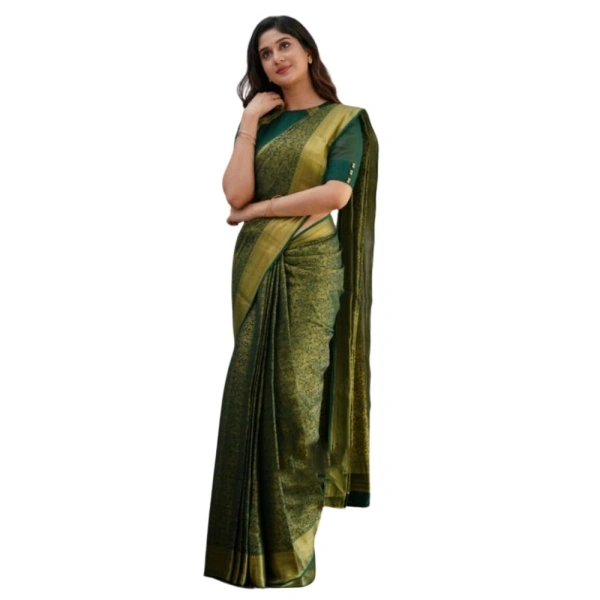 Generic Women's Silk Printed Saree With Unstitched Blouse 5.5Mtr (Green) - Green