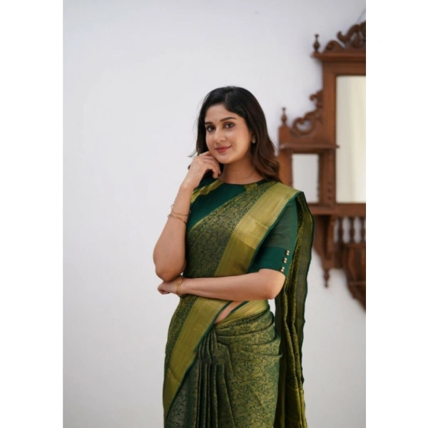 Generic Women's Silk Printed Saree With Unstitched Blouse 5.5Mtr (Green) - Green