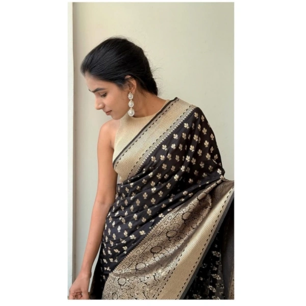 Generic Women's Silk Printed Saree With Unstitched Blouse 5.5Mtr (Black) - Black