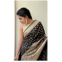Generic Women's Silk Printed Saree With Unstitched Blouse 5.5Mtr (Black) - Black