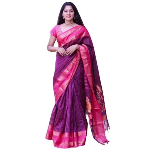 Generic Women's Silk Printed Saree With Unstitched Blouse 5.5Mtr (Purple) - Purple