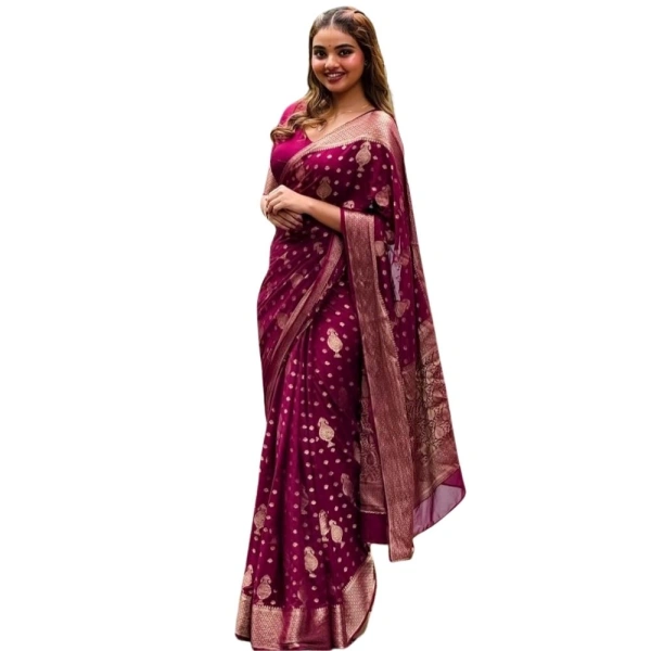 Generic Women's Silk Printed Saree With Unstitched Blouse 5.5Mtr (Wine) - Wine