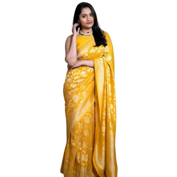 Generic Women's Silk Printed Saree With Unstitched Blouse 5.5Mtr (Yellow) - Yellow