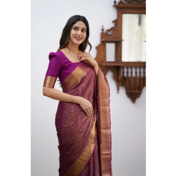 Generic Women's Silk Printed Saree With Unstitched Blouse 5.5Mtr (Wine) - Wine