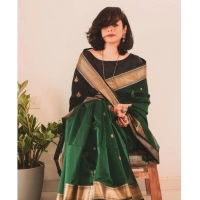 Generic Women's Silk Printed Saree With Unstitched Blouse 5.5Mtr (Dark Green) - Dark Green