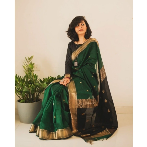 Generic Women's Silk Printed Saree With Unstitched Blouse 5.5Mtr (Dark Green) - Dark Green