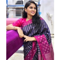 Generic Women's Silk Printed Saree With Unstitched Blouse 5.5Mtr (Navy Blue) - Navy Blue