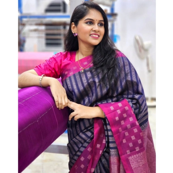 Generic Women's Silk Printed Saree With Unstitched Blouse 5.5Mtr (Navy Blue) - Navy Blue