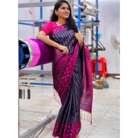 Generic Women's Silk Printed Saree With Unstitched Blouse 5.5Mtr (Navy Blue) - Navy Blue