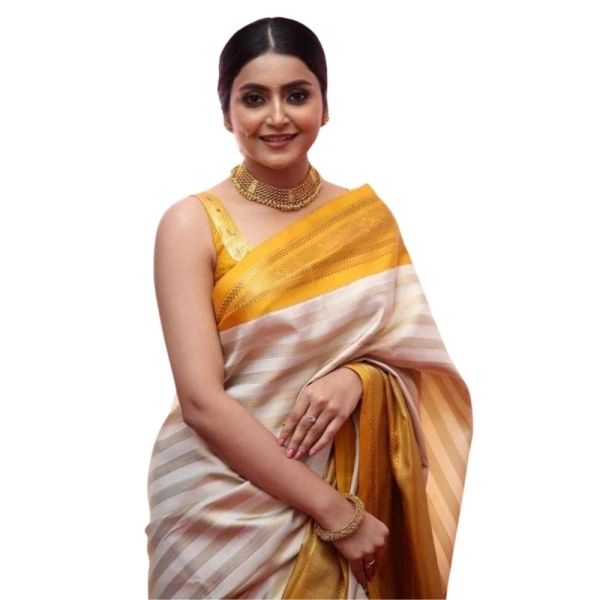 Generic Women's Silk Printed Saree With Unstitched Blouse 5.5Mtr (Off White-Yellow) - Off White-Yellow