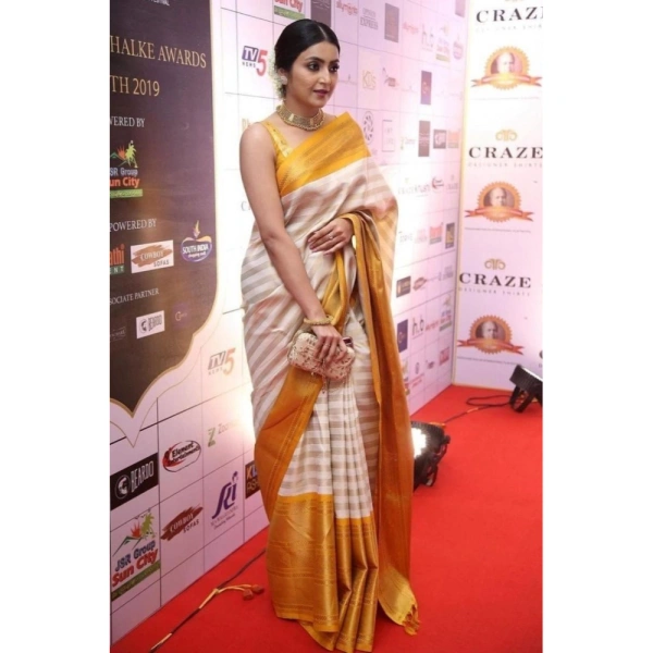 Generic Women's Silk Printed Saree With Unstitched Blouse 5.5Mtr (Off White-Yellow) - Off White-Yellow
