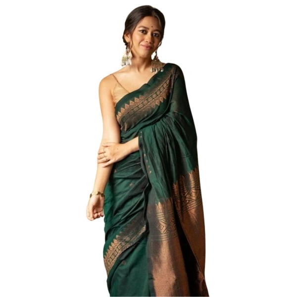 Generic Women's Silk Printed Saree With Unstitched Blouse 5.5Mtr (Green) - Green