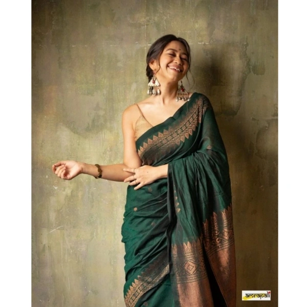 Generic Women's Silk Printed Saree With Unstitched Blouse 5.5Mtr (Green) - Green