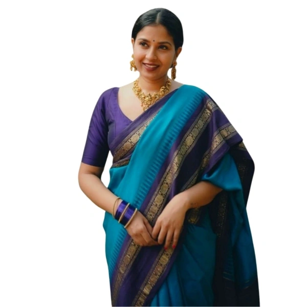 Generic Women's Silk Printed Saree With Unstitched Blouse 5.5Mtr (Blue) - Blue