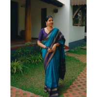 Generic Women's Silk Printed Saree With Unstitched Blouse 5.5Mtr (Blue) - Blue