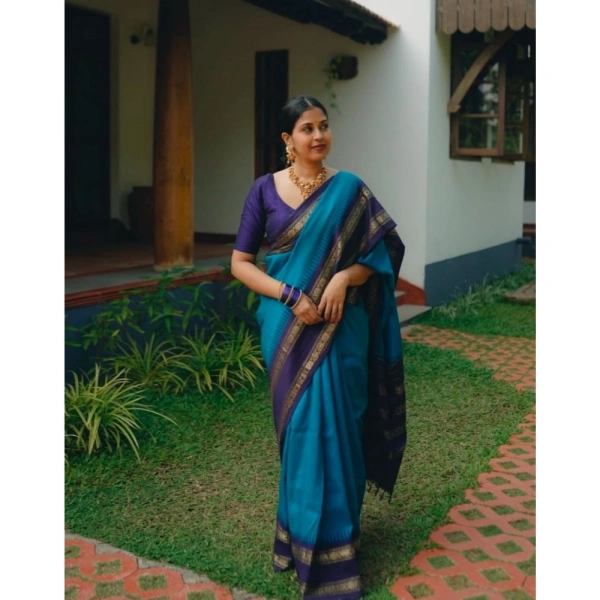 Generic Women's Silk Printed Saree With Unstitched Blouse 5.5Mtr (Blue) - Blue