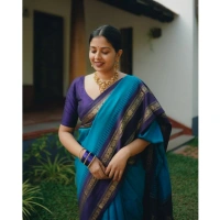 Generic Women's Silk Printed Saree With Unstitched Blouse 5.5Mtr (Blue) - Blue
