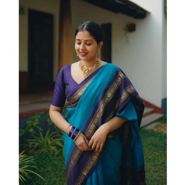 Generic Women's Silk Printed Saree With Unstitched Blouse 5.5Mtr (Blue) - Blue