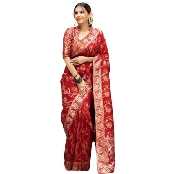 Generic Women's Silk Printed Saree With Unstitched Blouse 5.5Mtr (Red) - Red