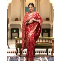 Generic Women's Silk Printed Saree With Unstitched Blouse 5.5Mtr (Red) - Red