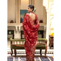 Generic Women's Silk Printed Saree With Unstitched Blouse 5.5Mtr (Red) - Red