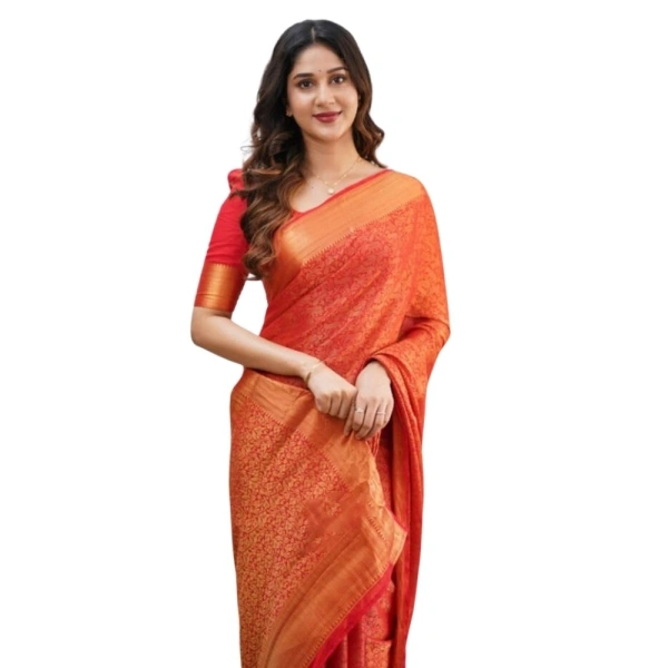 Generic Women's Silk Printed Saree With Unstitched Blouse 5.5Mtr (Orange) - Orange