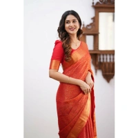 Generic Women's Silk Printed Saree With Unstitched Blouse 5.5Mtr (Orange) - Orange